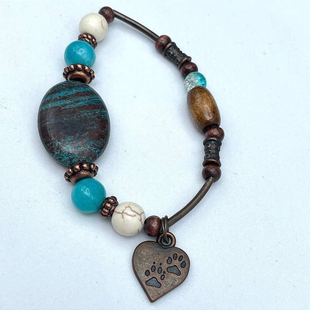 Vintage Boho Bracelet Clay Turquoise Wood Heart Paw Print Copper Tone‎ Bangle